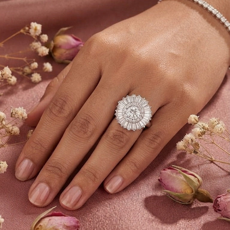 Clear Starburst Baguette Halo Silver Ring