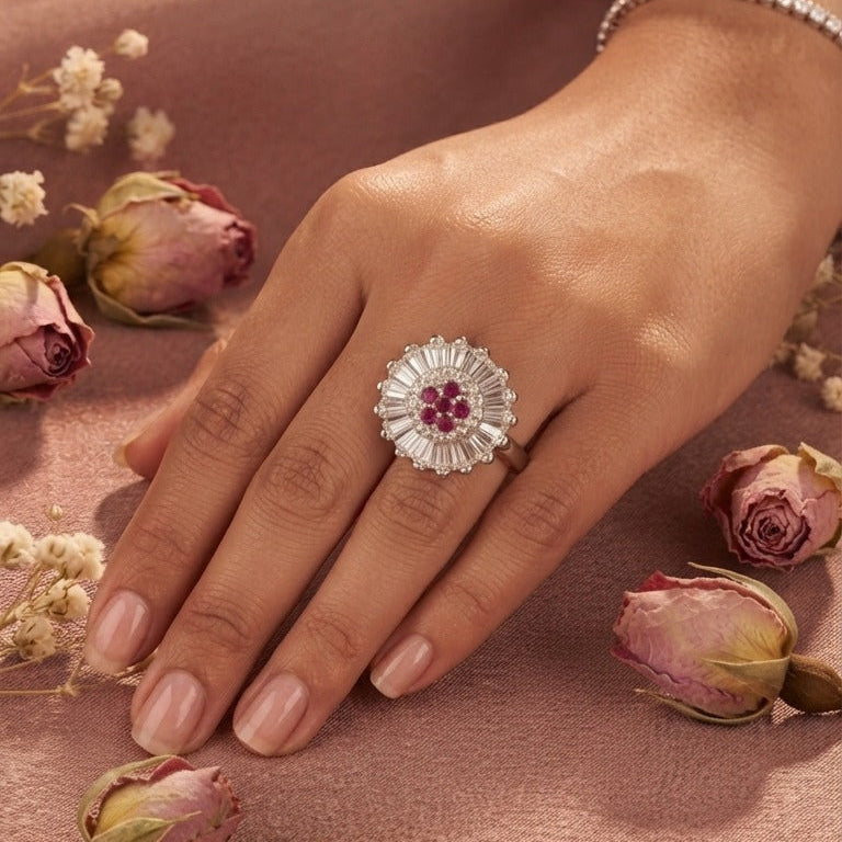 Pink Starburst Baguette Crystal Silver Ring