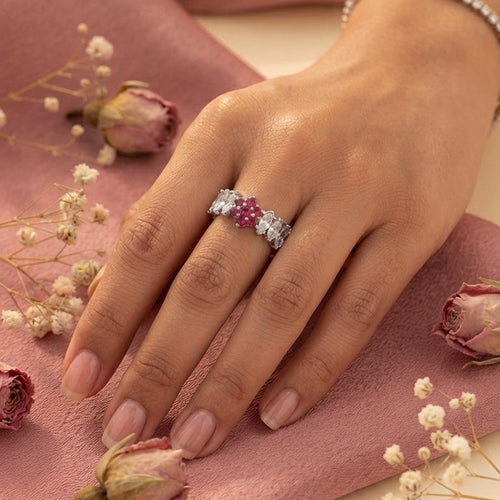 Blush Pink Crystal Cluster Silver Huggie Ring