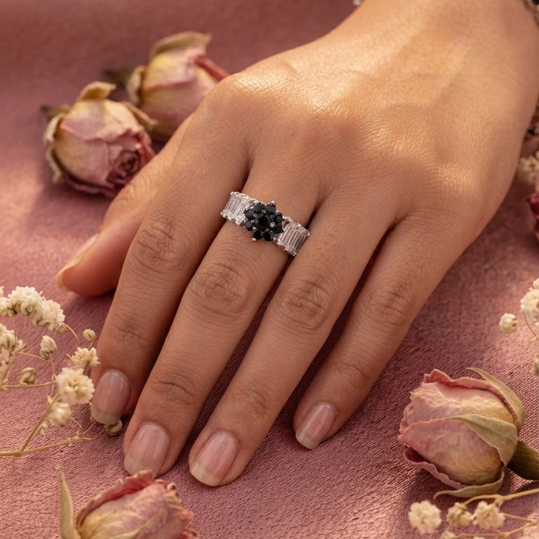 Midnight Black & Clear Crystal Silver Huggie Ring