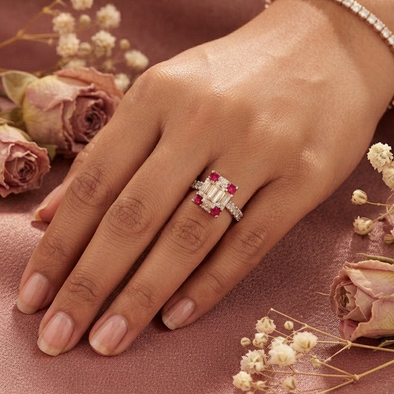 Pink & Baguette Crystal Geometric Silver Ring