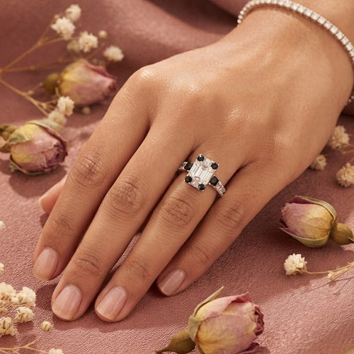 Black & Baguette Crystal Geometric Silver Ring