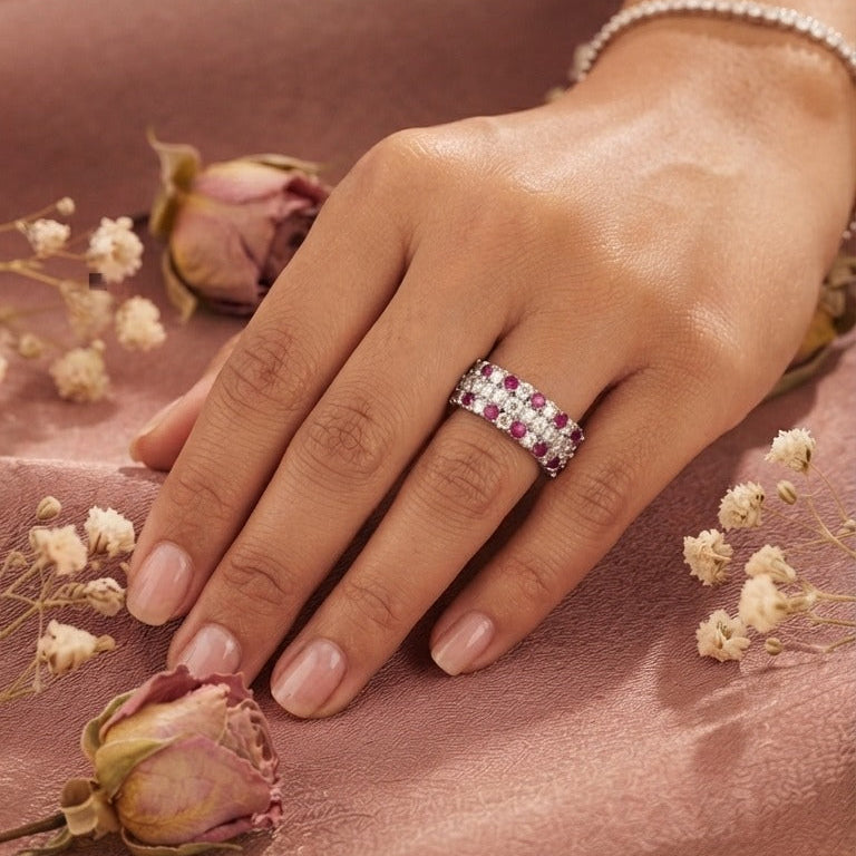Triple Row Pink & Clear Crystal Silver Statement Ring