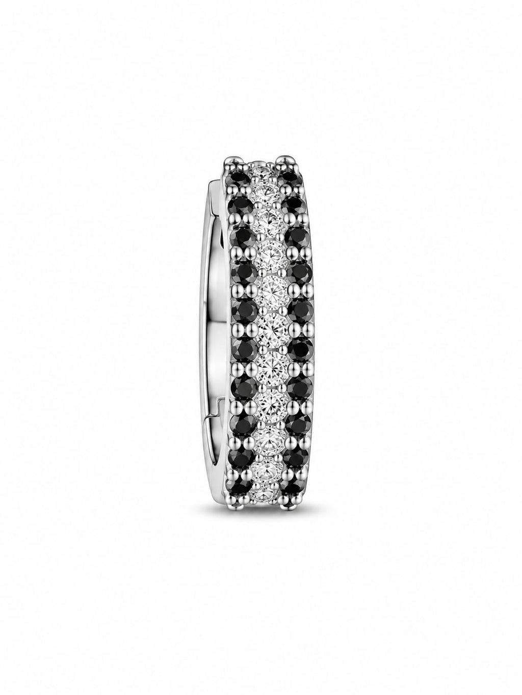 Silver Triple-Row Black & Clear Crystal Hoop Earrings