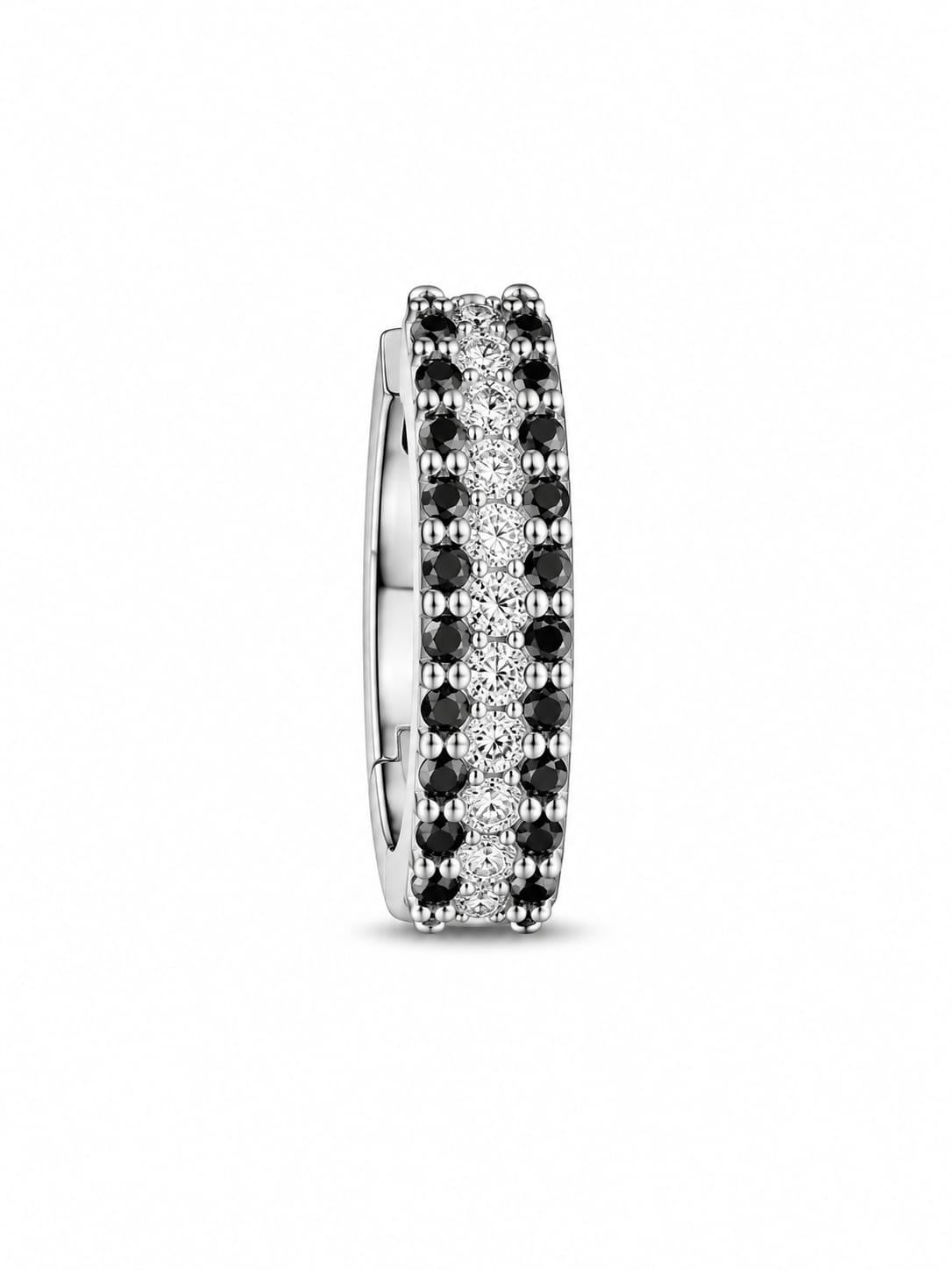 Silver Triple-Row Black & Clear Crystal Hoop Earrings