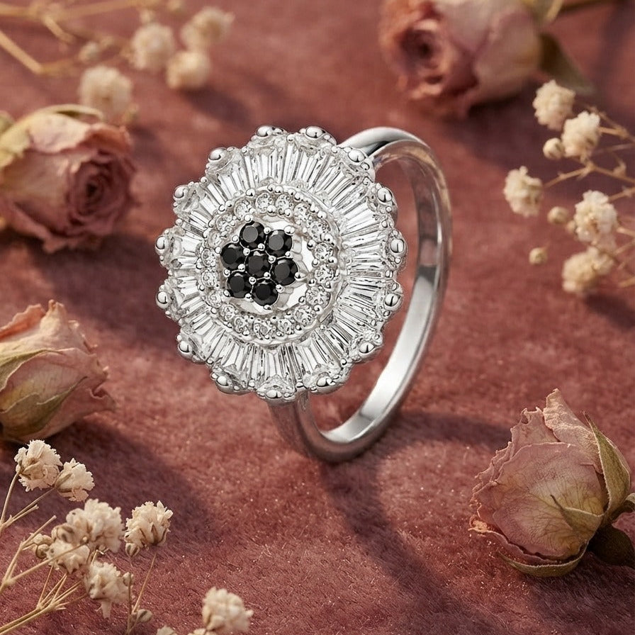 Silver Black Cluster & Baguette Starburst Statement Ring