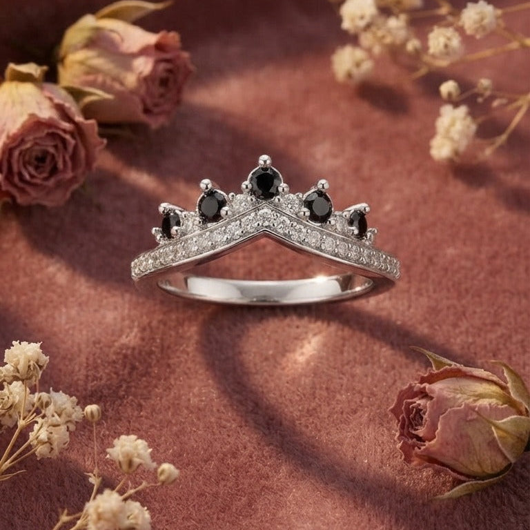 Silver Black & Clear Crystal V-Shape Crown Ring