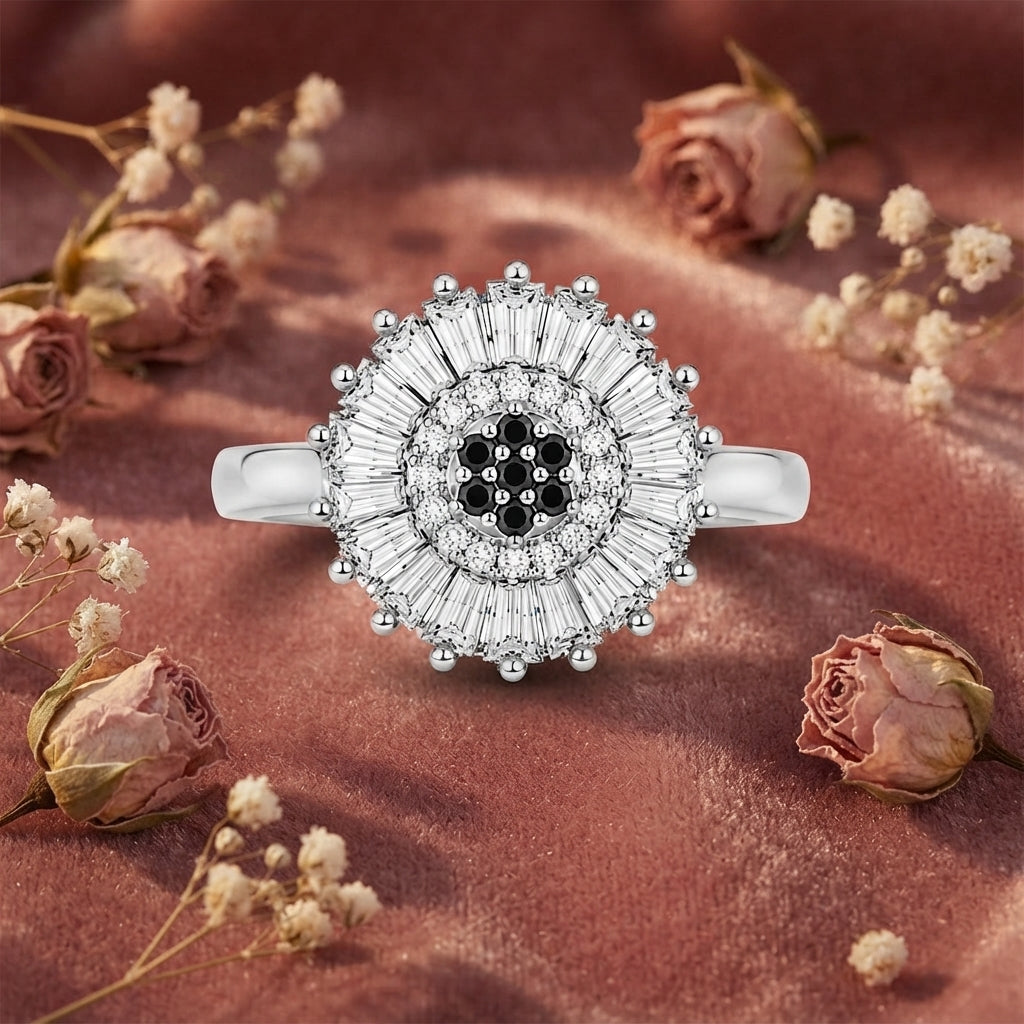 Silver Black & Clear Baguette Starburst Statement Ring