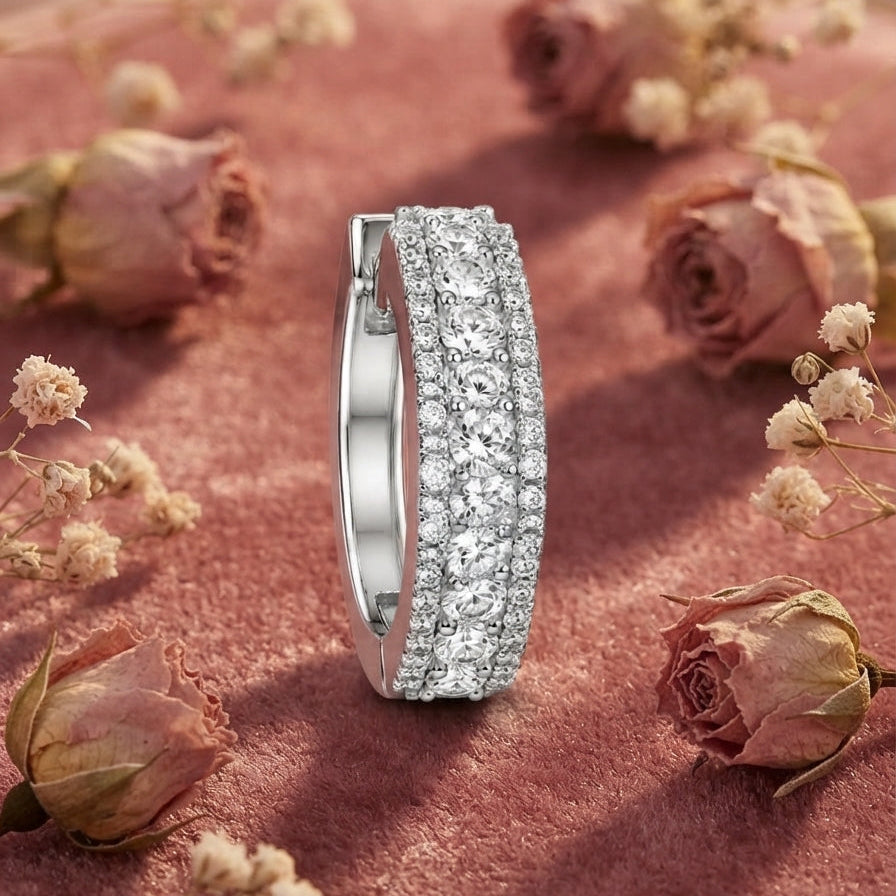 Silver Triple-Row Clear Crystal Hoop Earrings