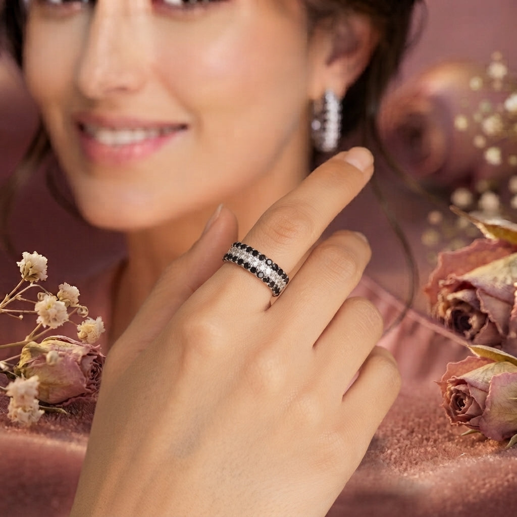 Silver Triple-Row Black & Clear Crystal Hoop Earrings