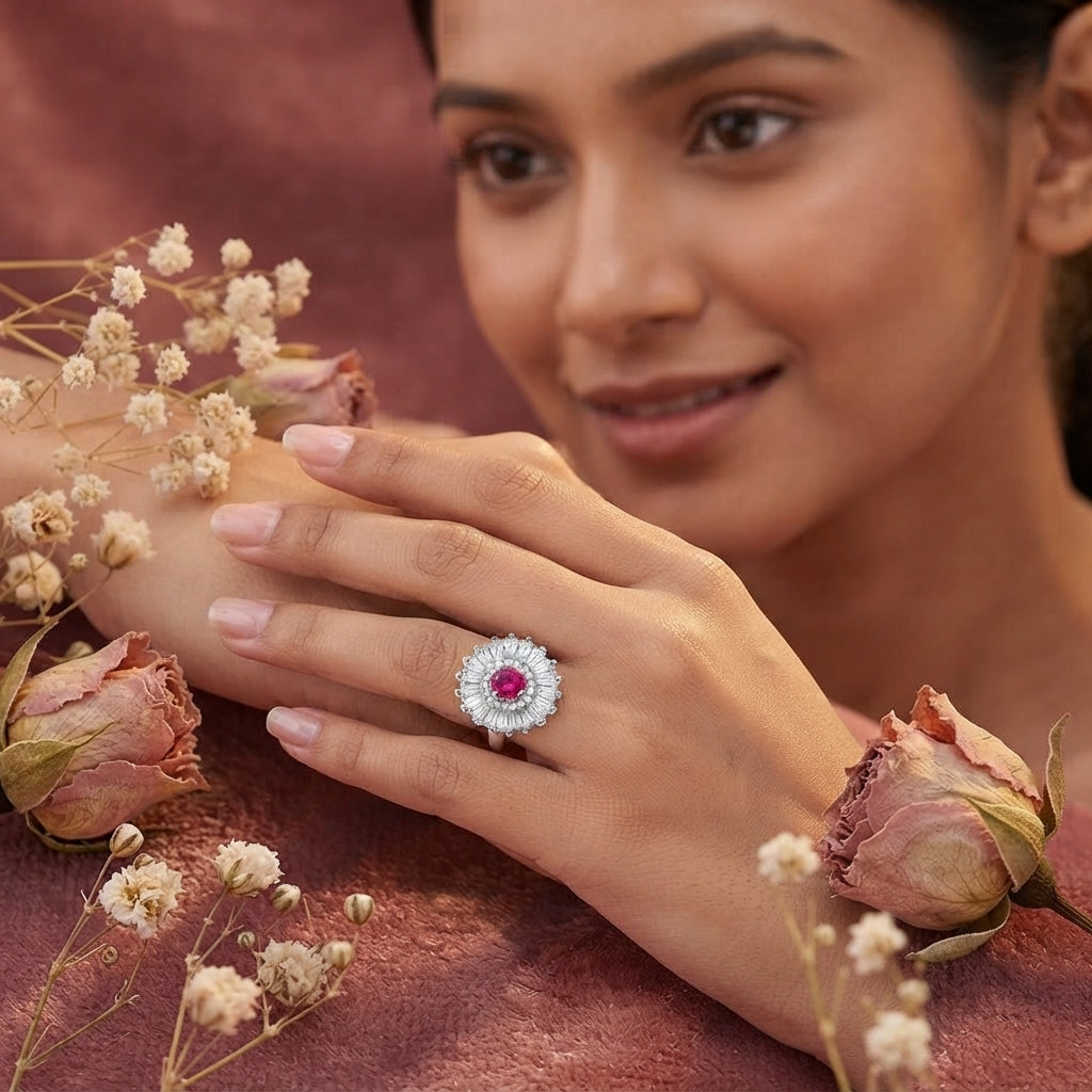 Silver Pink & Clear Baguette Starburst Statement Ring