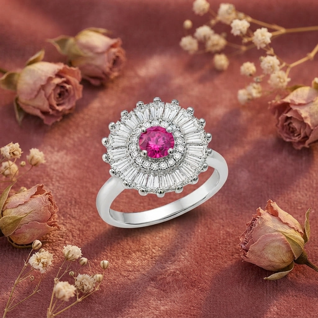 Silver Pink & Clear Baguette Starburst Statement Ring