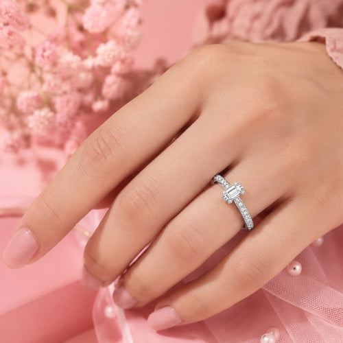 Clear Baguette & Pave Geometric Silver Ring
