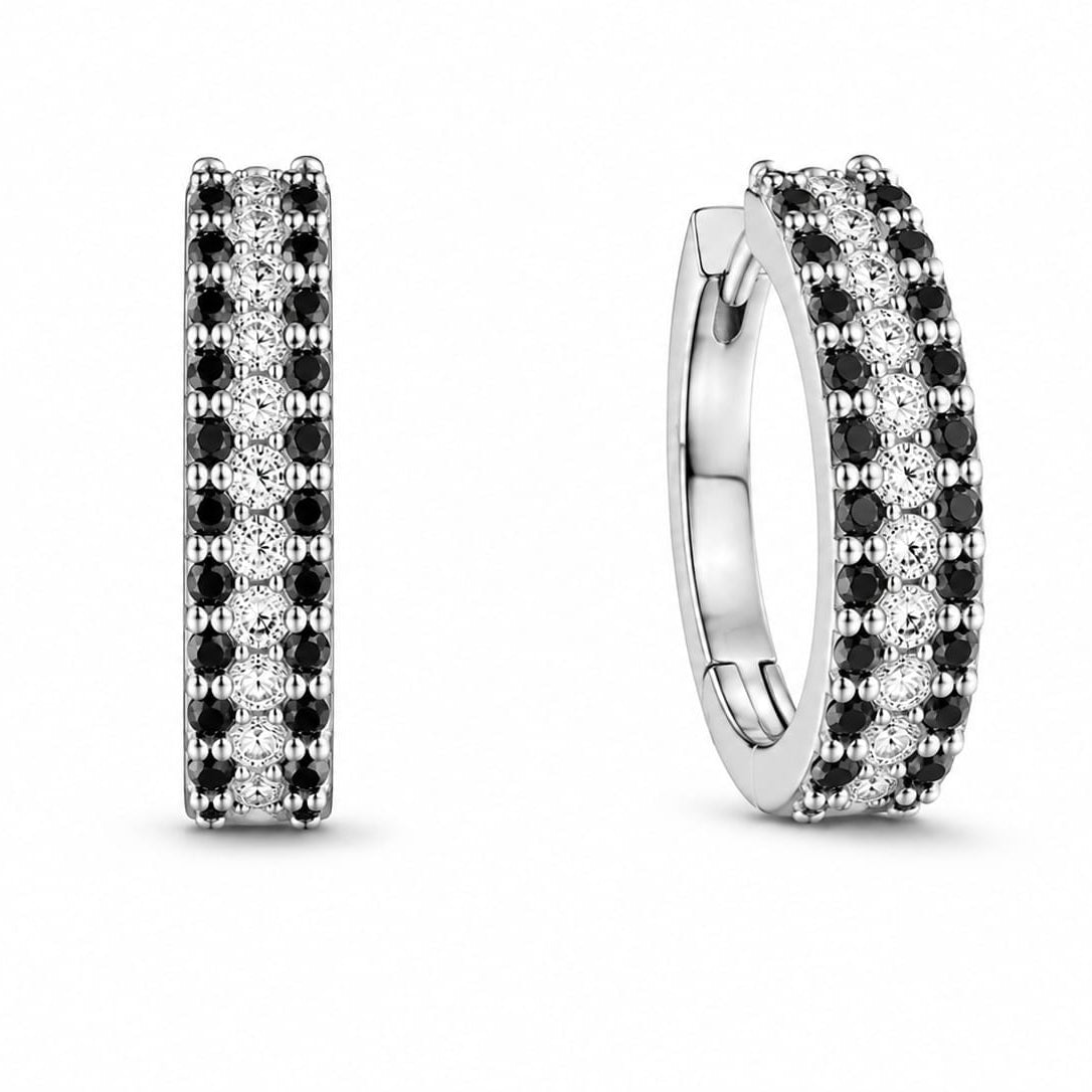 Silver Triple-Row Black & Clear Crystal Hoop Earrings