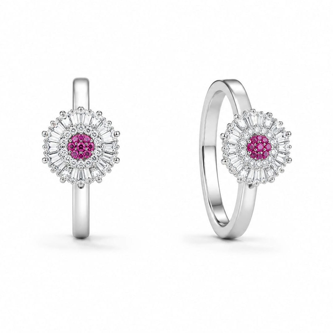 Silver Pink & Clear Baguette Starburst Statement Ring