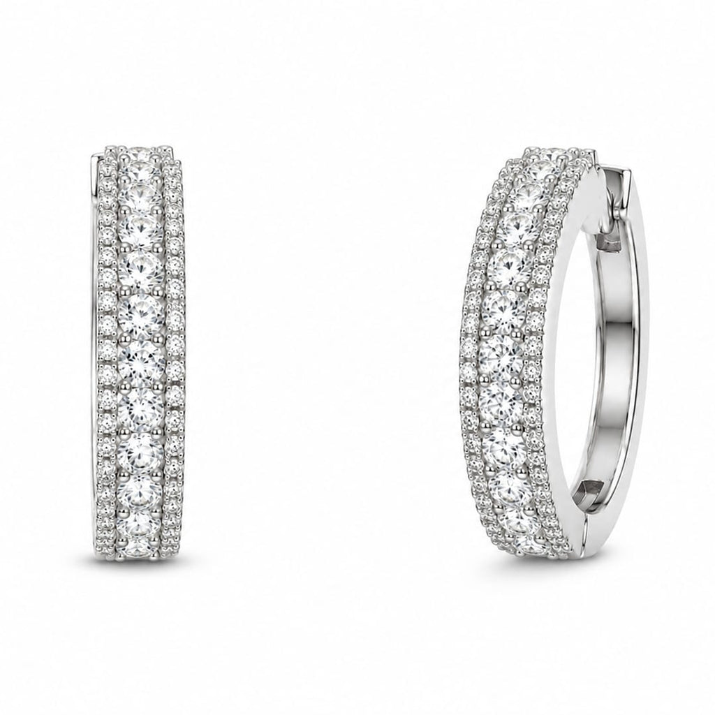 Silver Triple-Row Clear Crystal Hoop Earrings