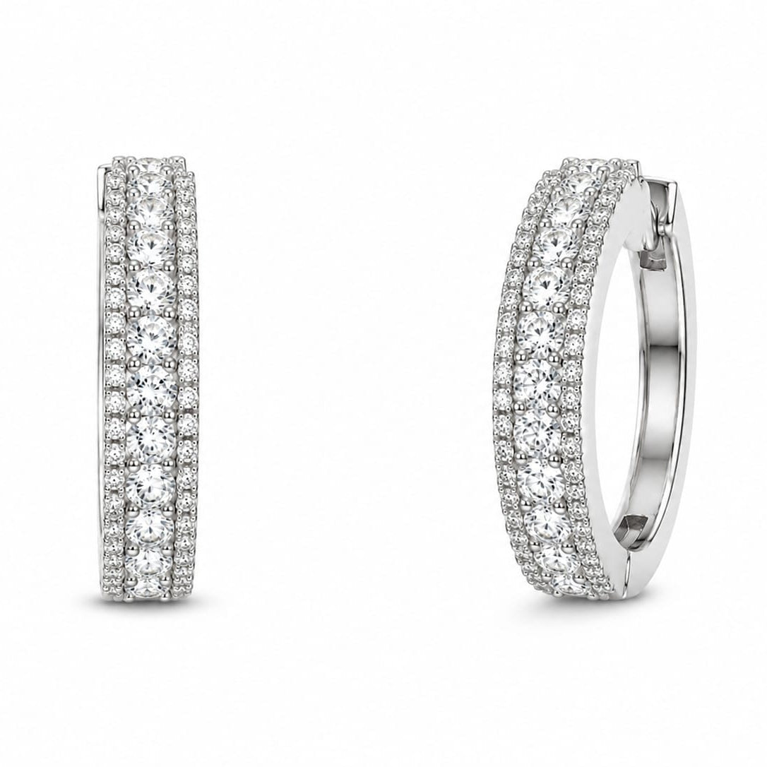Silver Triple-Row Clear Crystal Hoop Earrings