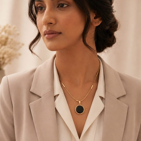 Gold & Black Enamel Round Pendant Bar Station Necklace
