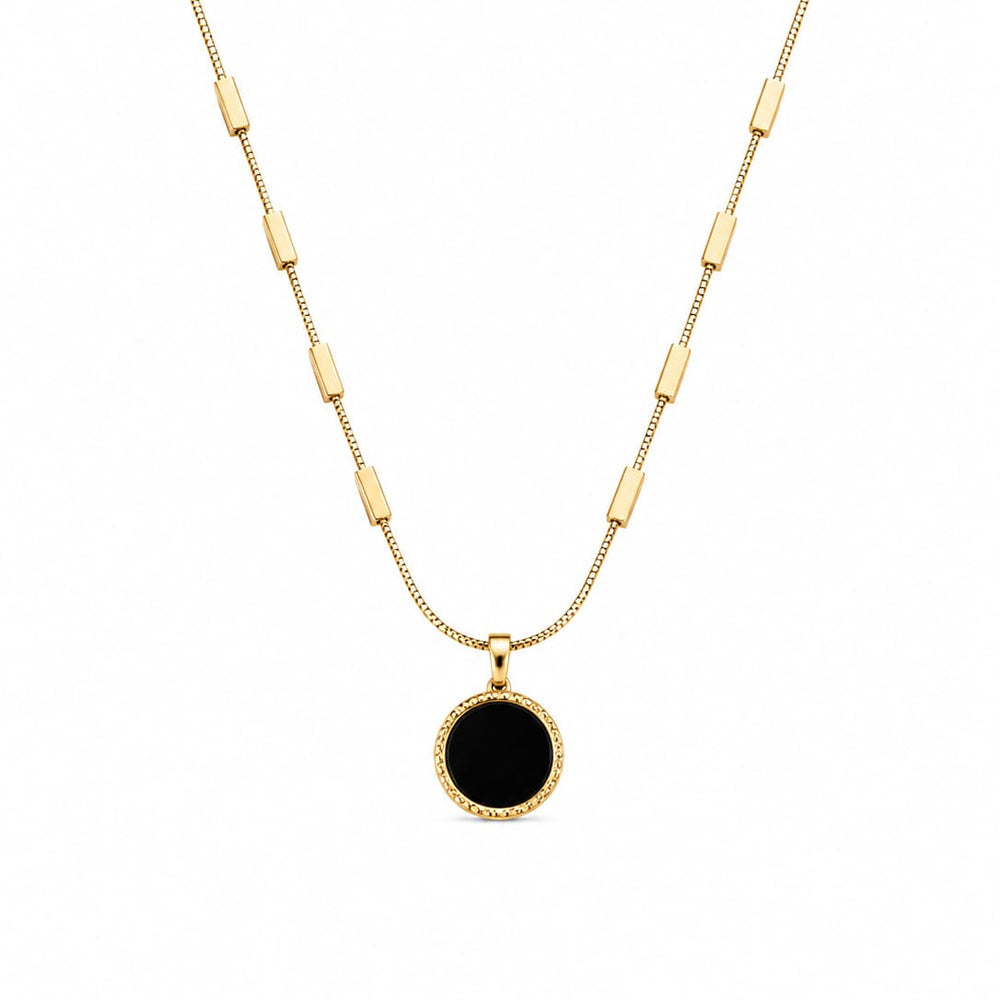 Gold & Black Enamel Round Pendant Bar Station Necklace