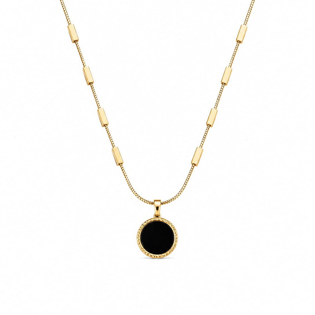 Gold & Black Enamel Round Pendant Bar Station Necklace