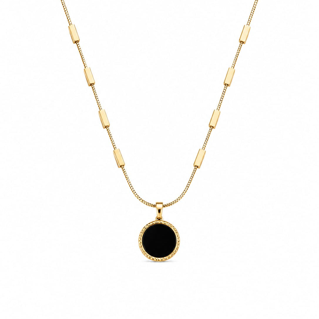 Gold & Black Enamel Round Pendant Bar Station Necklace