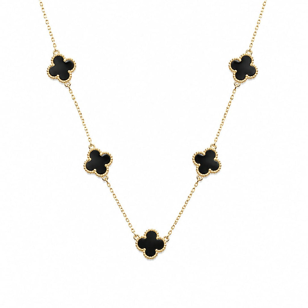 Gold & Black Enamel Four-Leaf Clover Station Necklace