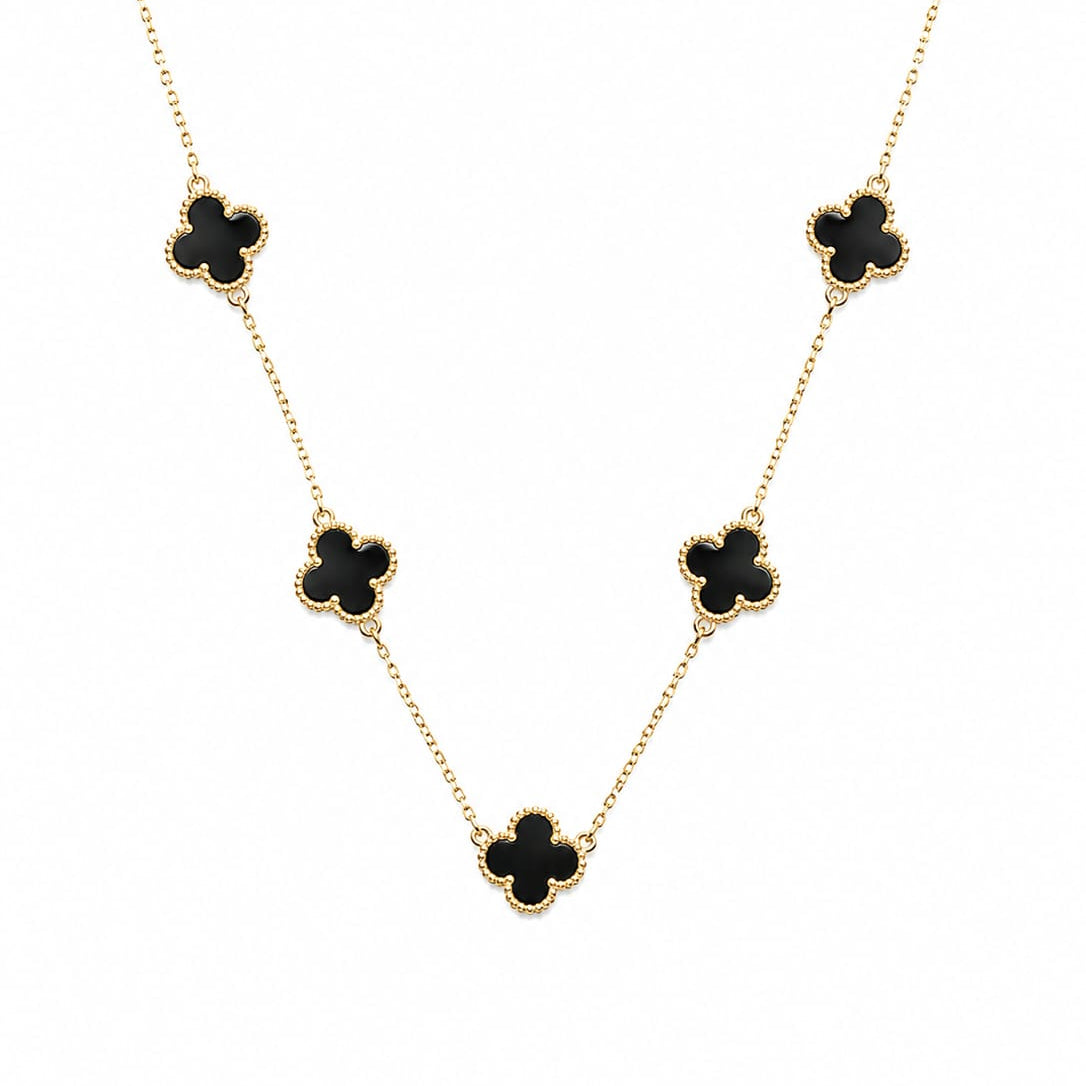 Gold & Black Enamel Four-Leaf Clover Station Necklace