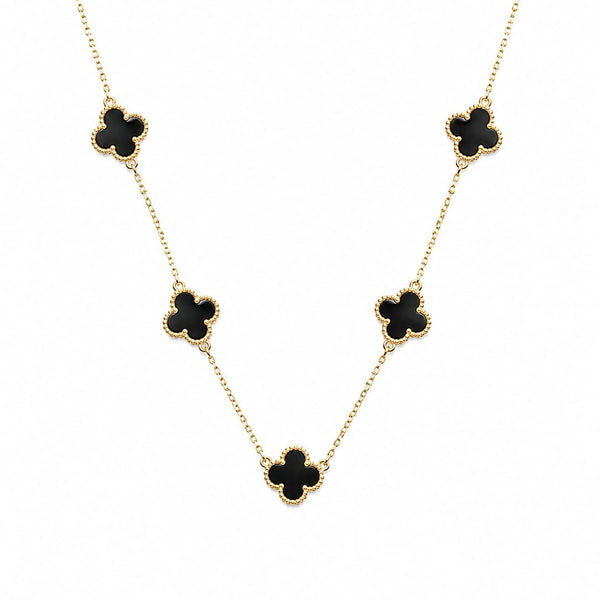 Gold & Black Enamel Four-Leaf Clover Station Necklace