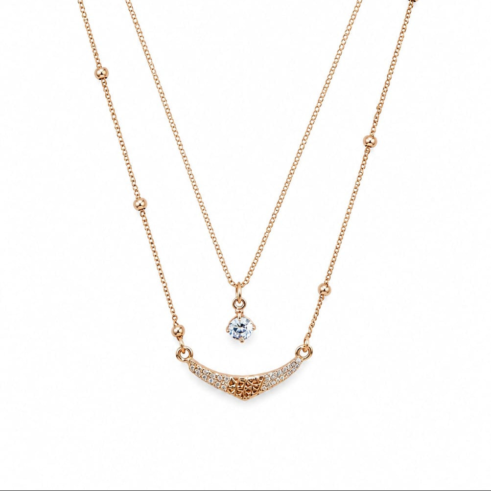 Gold Double-Layered Crescent Bar & Bead Station Necklace