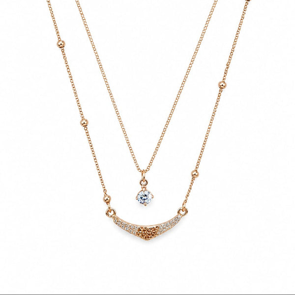 Gold Double-Layered Crescent Bar & Bead Station Necklace