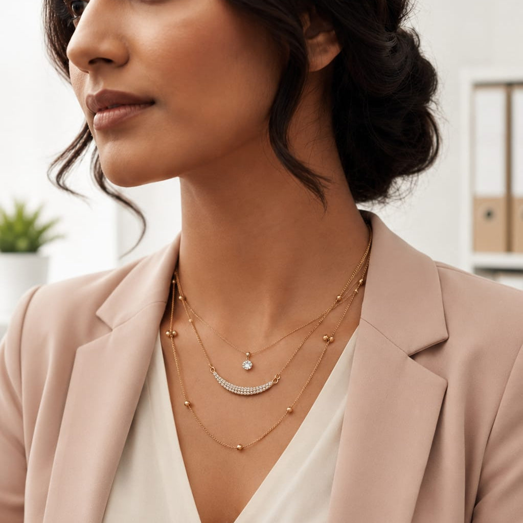Gold Double-Layered Crescent Bar & Bead Station Necklace