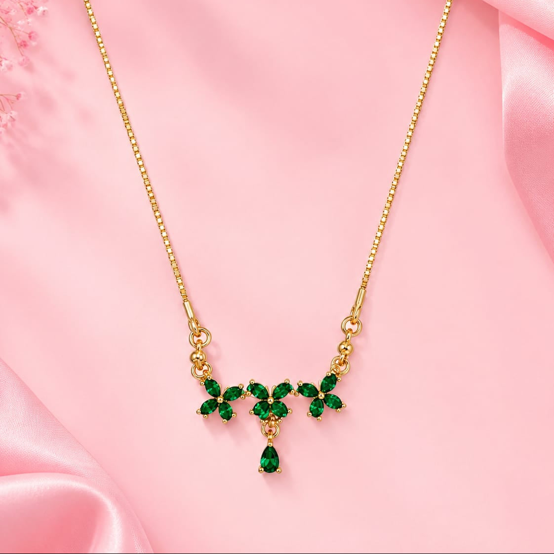Gold & Emerald-Green Crystal Leaf Vine Necklace