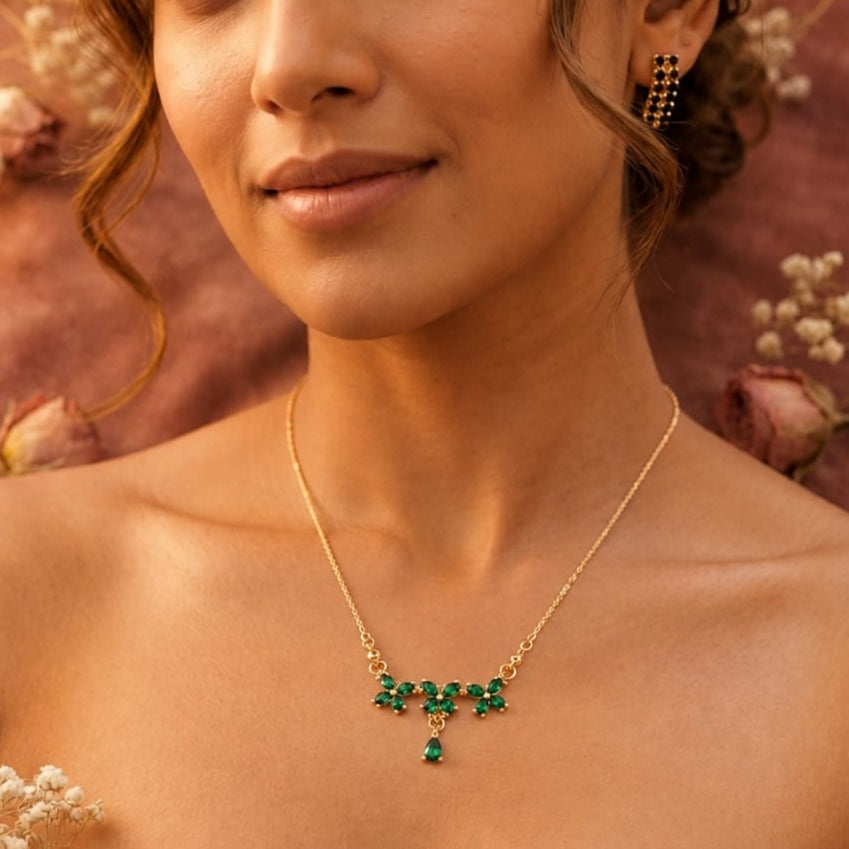 Gold & Emerald-Green Crystal Leaf Vine Necklace