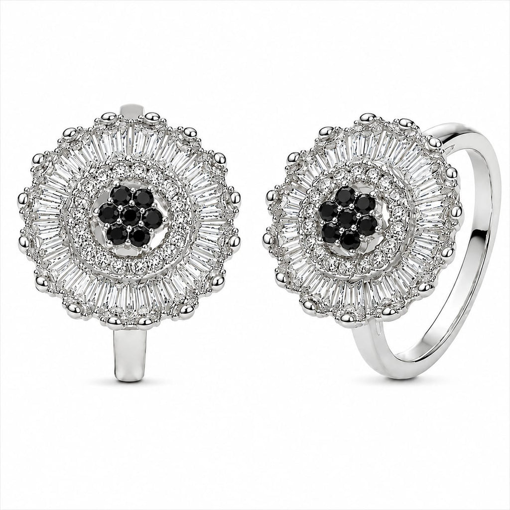 Silver Black Cluster & Baguette Starburst Statement Ring