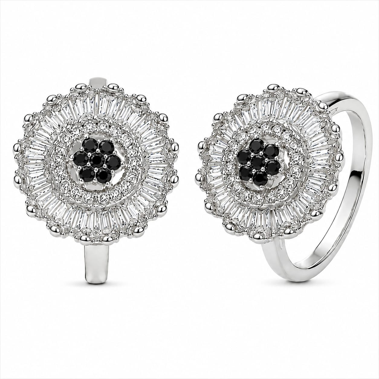 Silver Black Cluster & Baguette Starburst Statement Ring