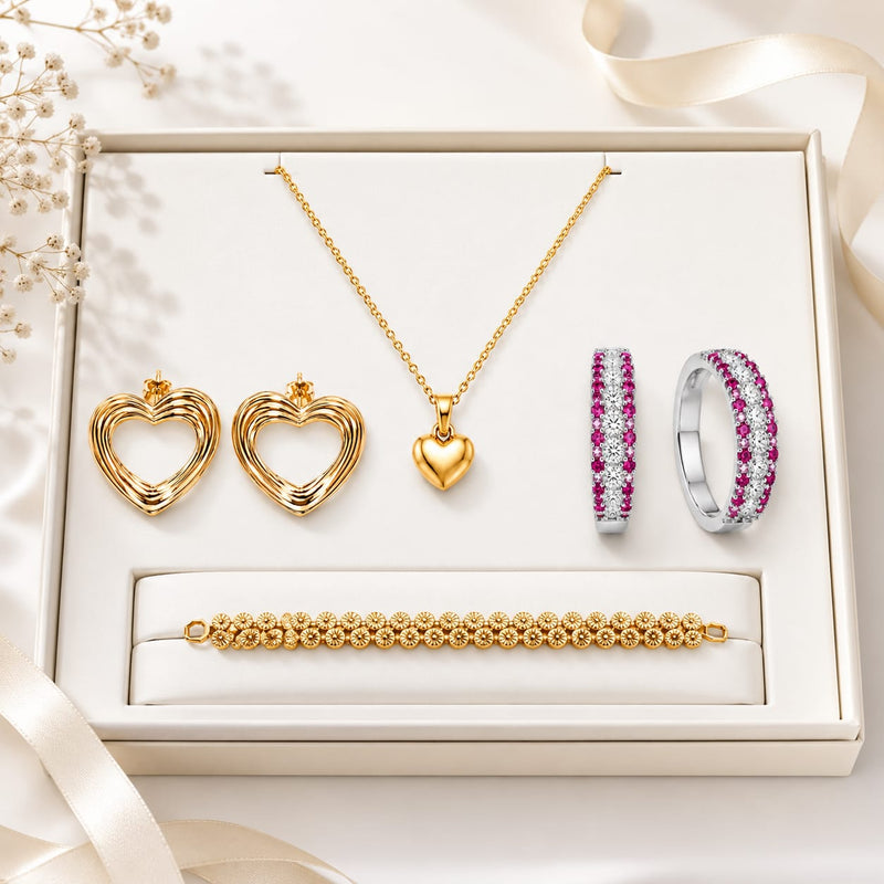 Gold & Pink Signature Heart Jewelry Set (Earrings + Necklace + Ring + Bracelet)