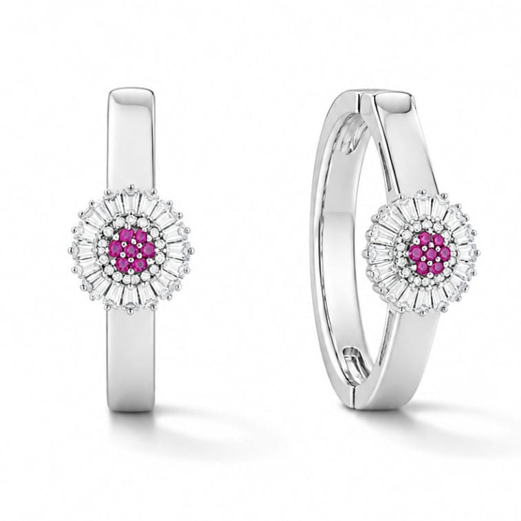 Pink Starburst Baguette Crystal Silver Ring