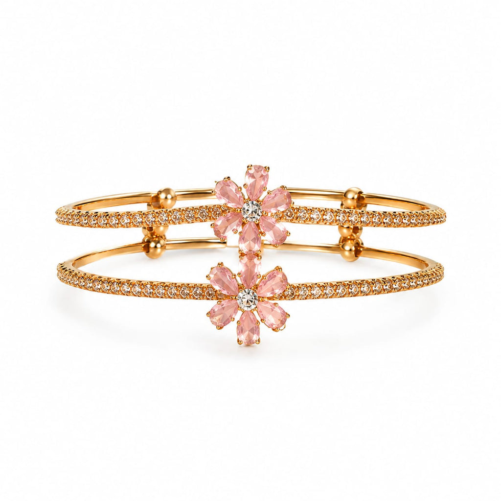 Gold Double Band Floral Pink Crystal Bangle