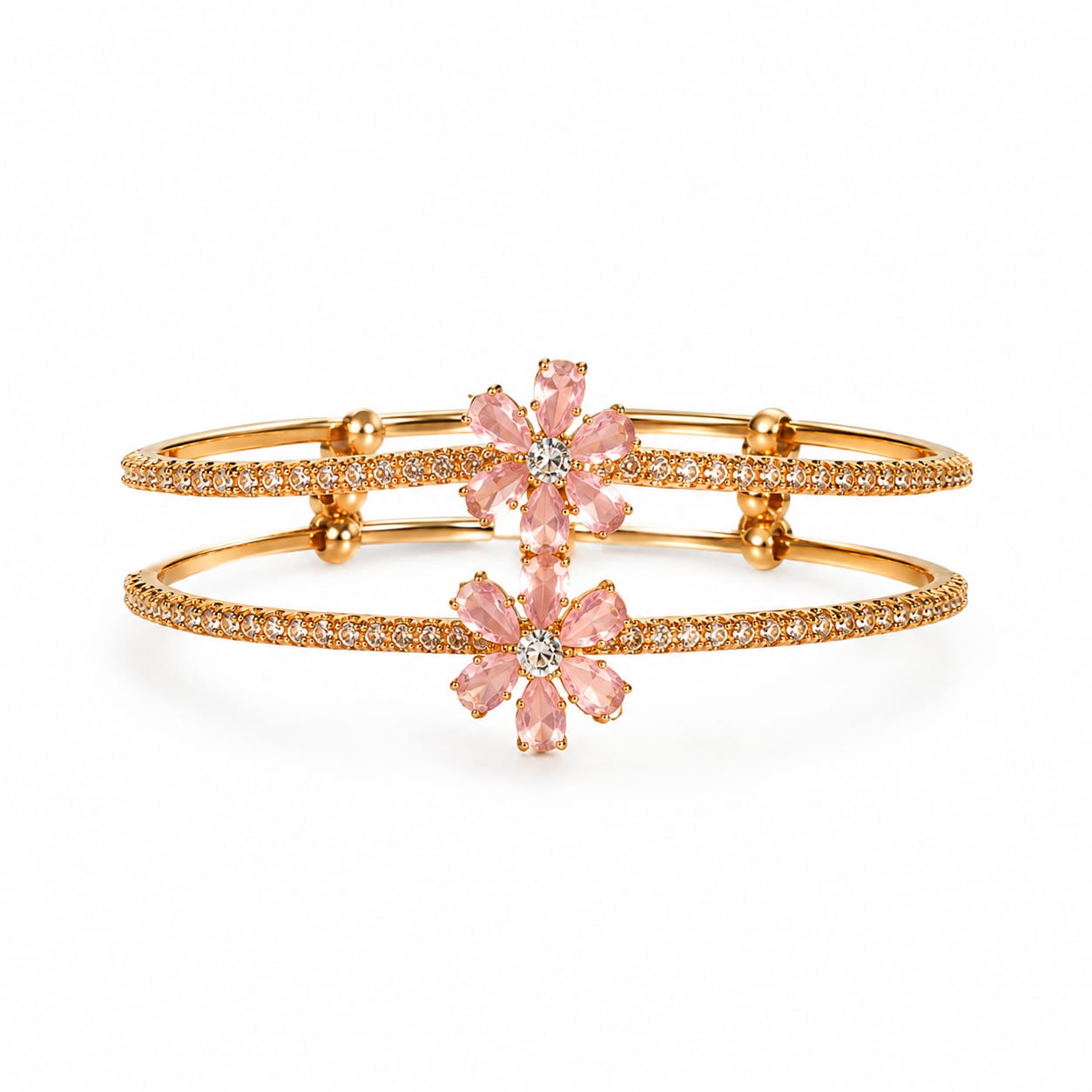 Gold Double Band Floral Pink Crystal Bangle