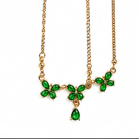Gold & Emerald-Green Crystal Leaf Vine Necklace