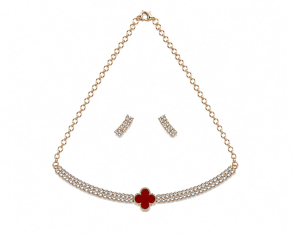 Rose Gold & Red Clover Crystal Necklace and Earring Set