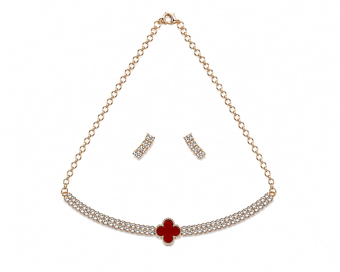 Rose Gold & Red Clover Crystal Necklace and Earring Set