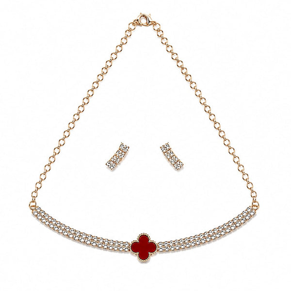 Rose Gold & Red Clover Crystal Necklace and Earring Set