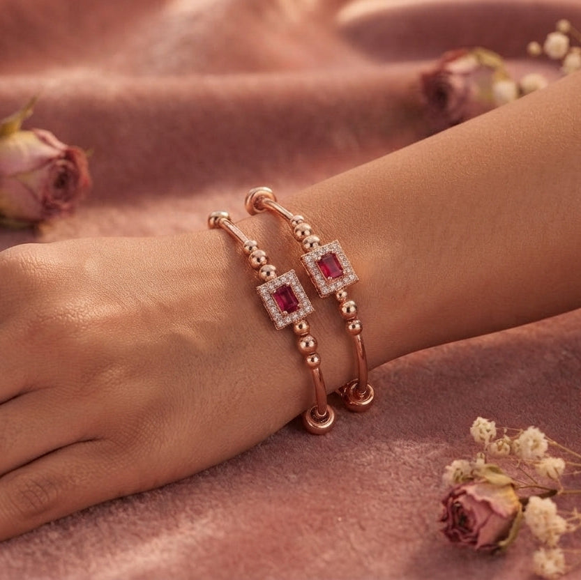 Gold Adjustable Bangle with Pink & Crystal Gemstone Cluster
