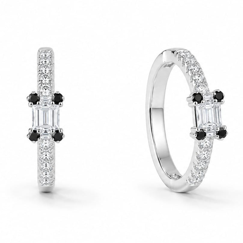 Black & Baguette Crystal Geometric Silver Ring