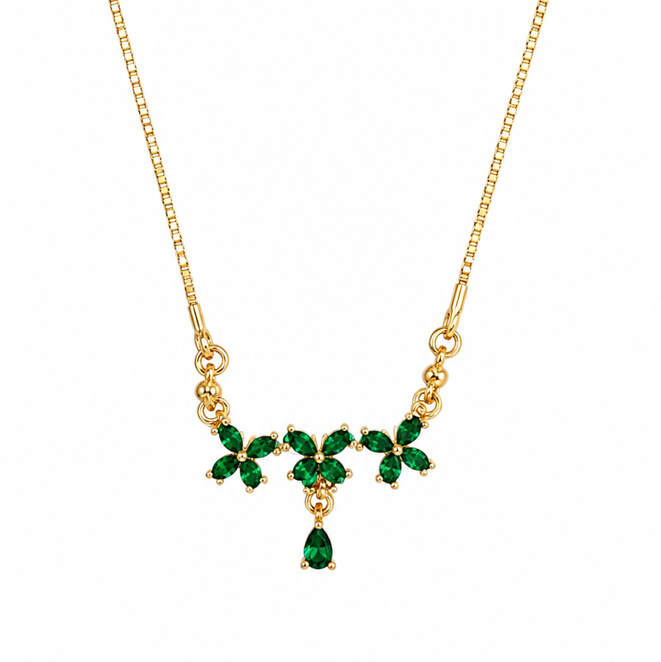 Gold & Emerald-Green Crystal Leaf Vine Necklace